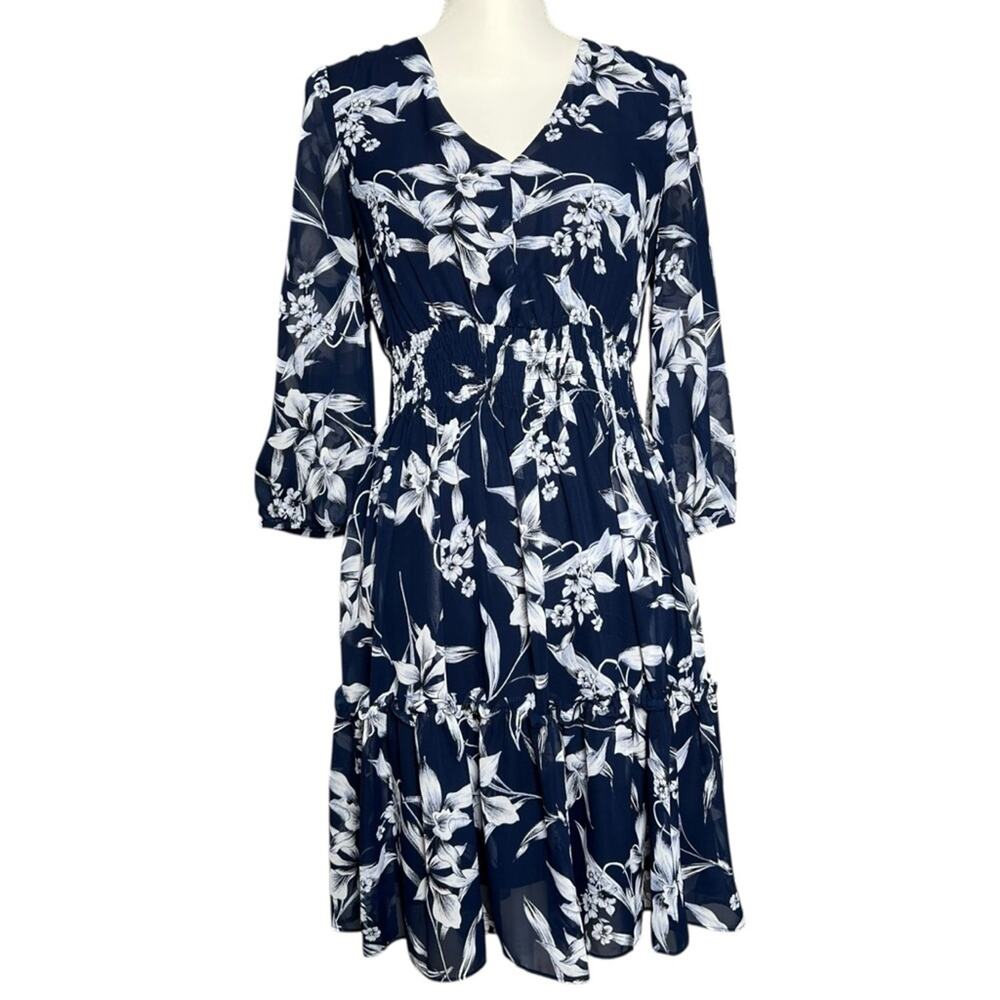 Just…Taylor Women’s Blue White Floral Tiered Sheer Long Sleeve Mini Dress Size 6